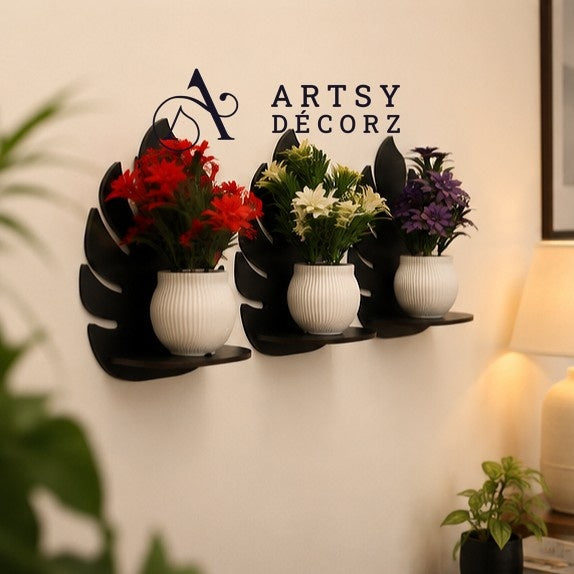 3 MDF Black Wall Shelves with 3 FREE Artificial Plants Wall Decor