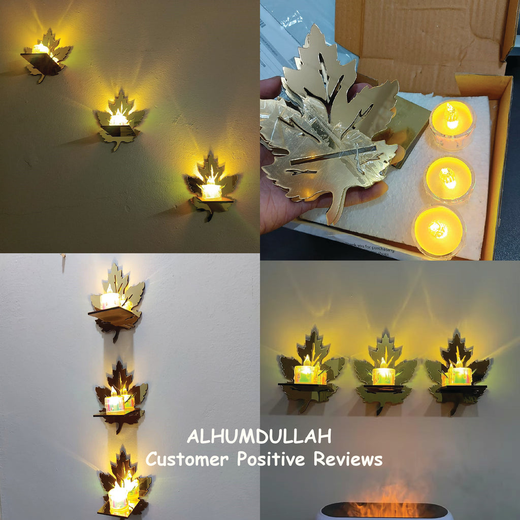 Acrylic Golden Mirror Leaves Shelves + Candles Light Wall Decor