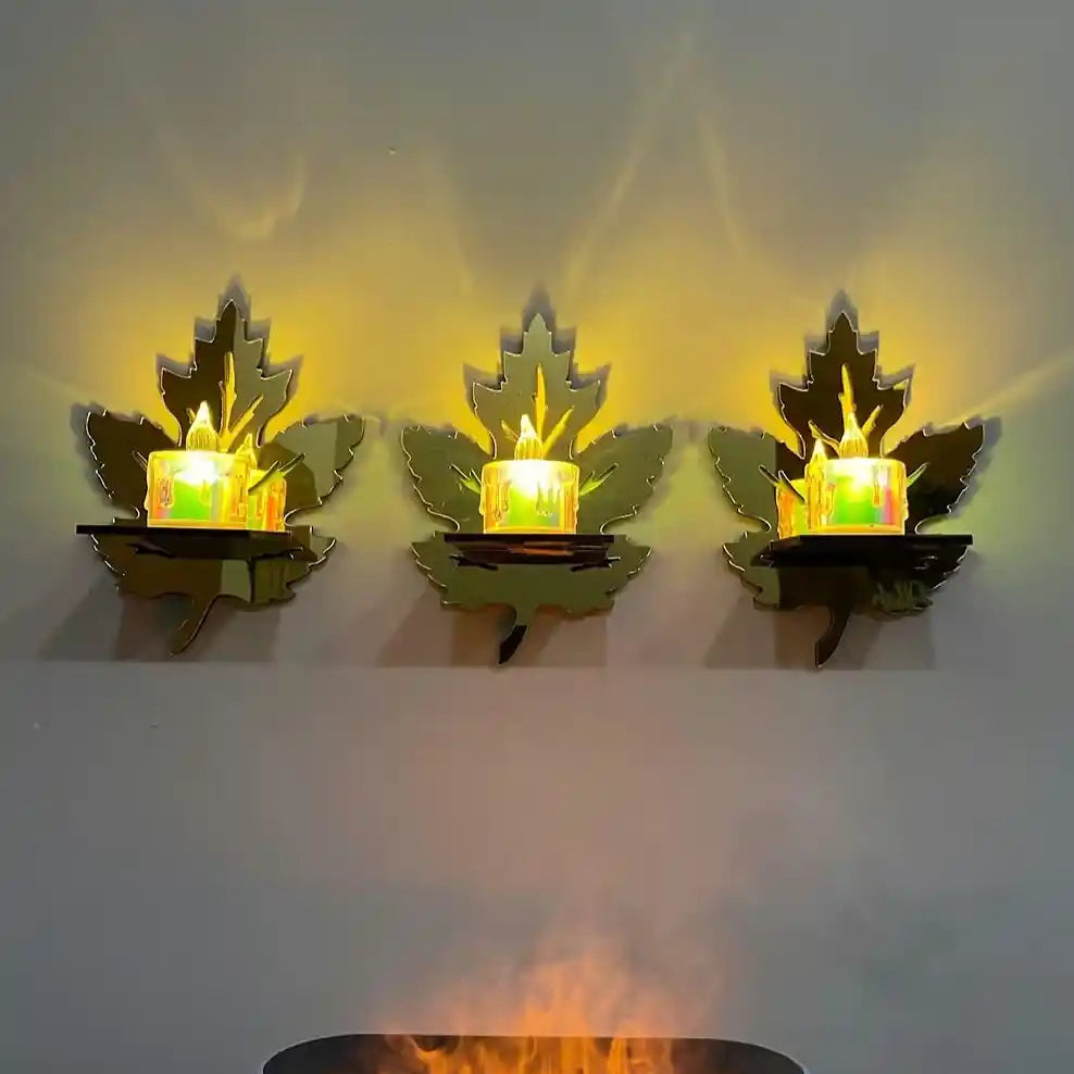 Acrylic Golden Mirror Leaves Shelves + Candles Light Wall Decor