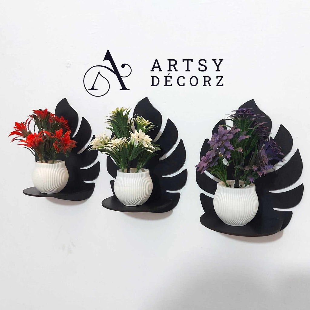 3 MDF Black Wall Shelves with 3 FREE Artificial Plants