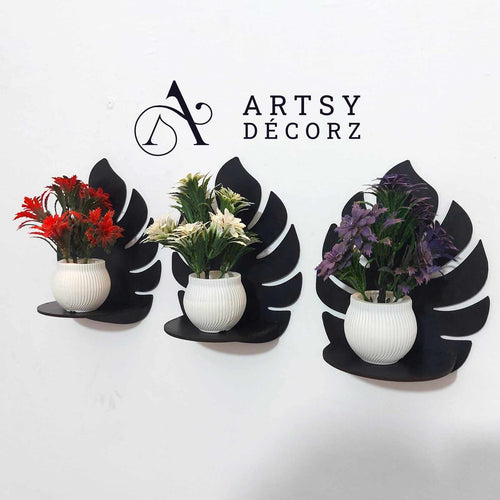 3 MDF Black Wall Shelves with 3 FREE Artificial Plants