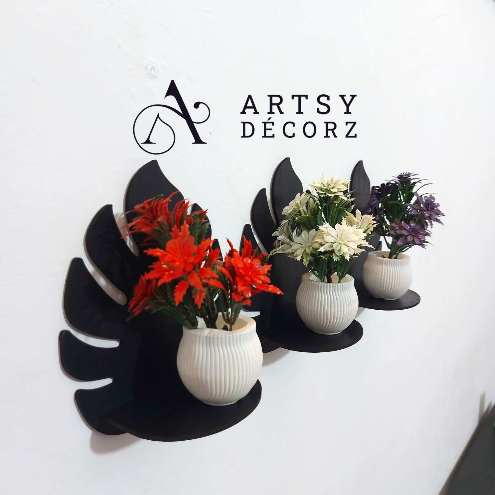 3 MDF Black Wall Shelves with 3 FREE Artificial Plants