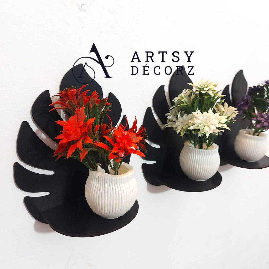 3 MDF Black Wall Shelves with 3 FREE Artificial Plants