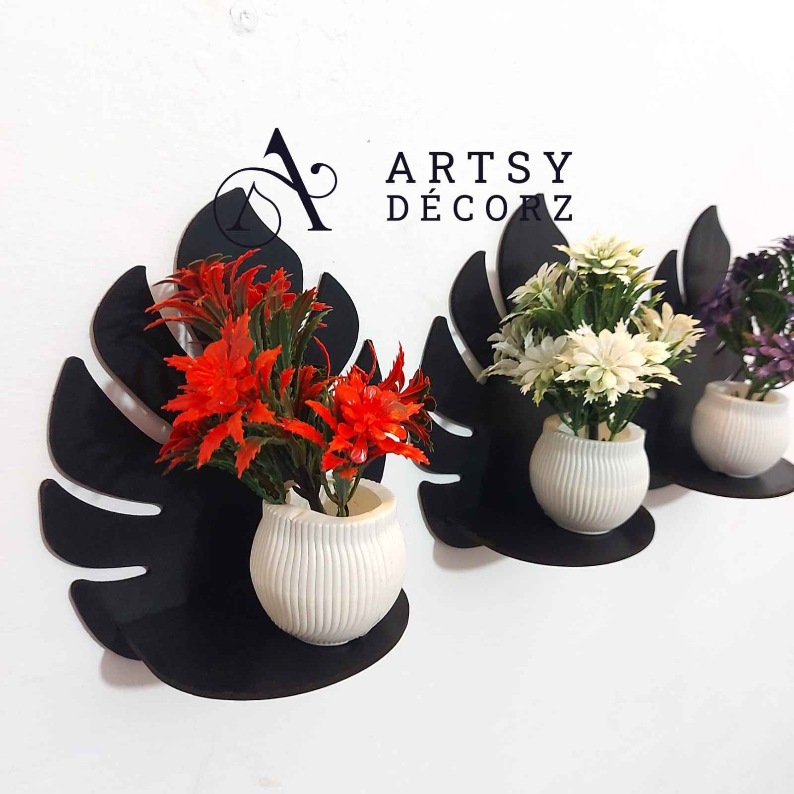 3 MDF Black Wall Shelves with 3 FREE Artificial Plants