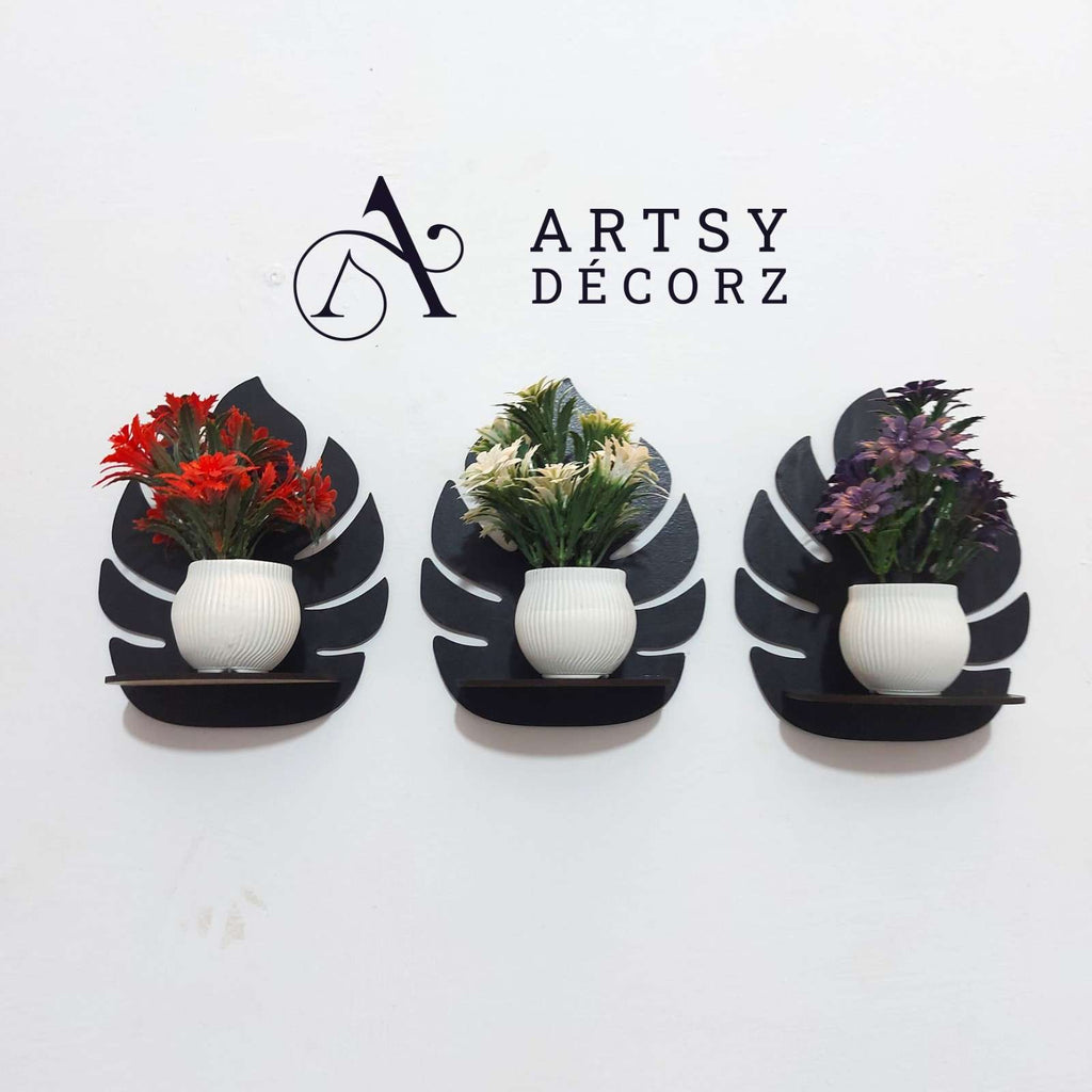 3 MDF Black Wall Shelves with 3 FREE Artificial Plants