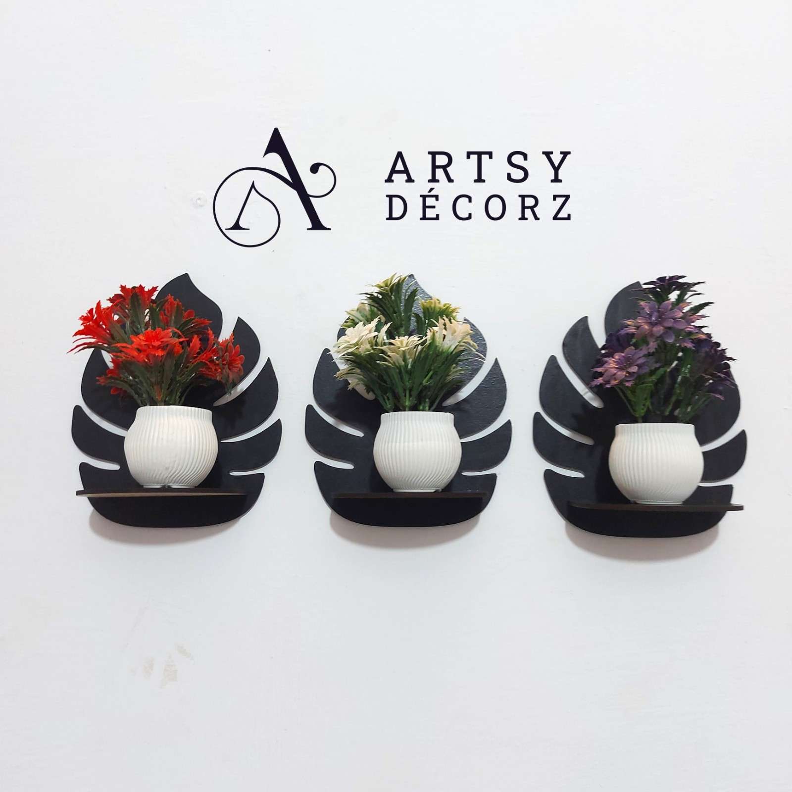 3 MDF Black Wall Shelves with 3 FREE Artificial Plants