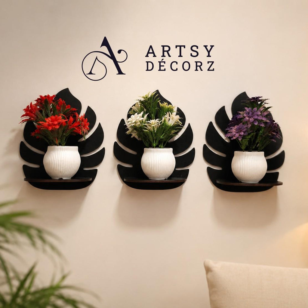 3 MDF Black Wall Shelves with 3 FREE Artificial Plants Wall Decor