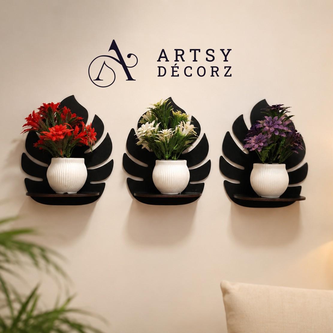 3 MDF Black Wall Shelves with 3 FREE Artificial Plants Wall Decor
