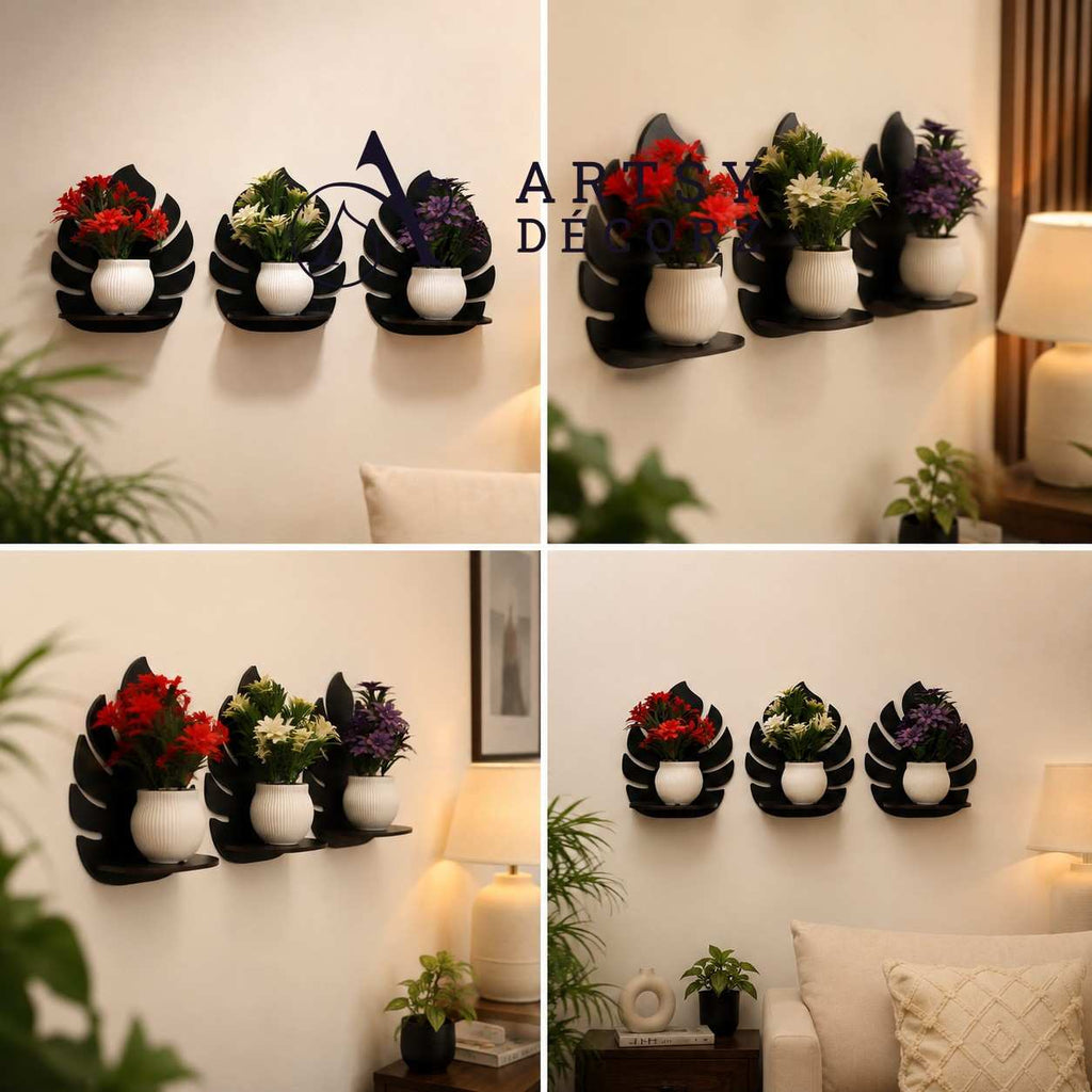 3 MDF Black Wall Shelves with 3 FREE Artificial Plants Wall Decor