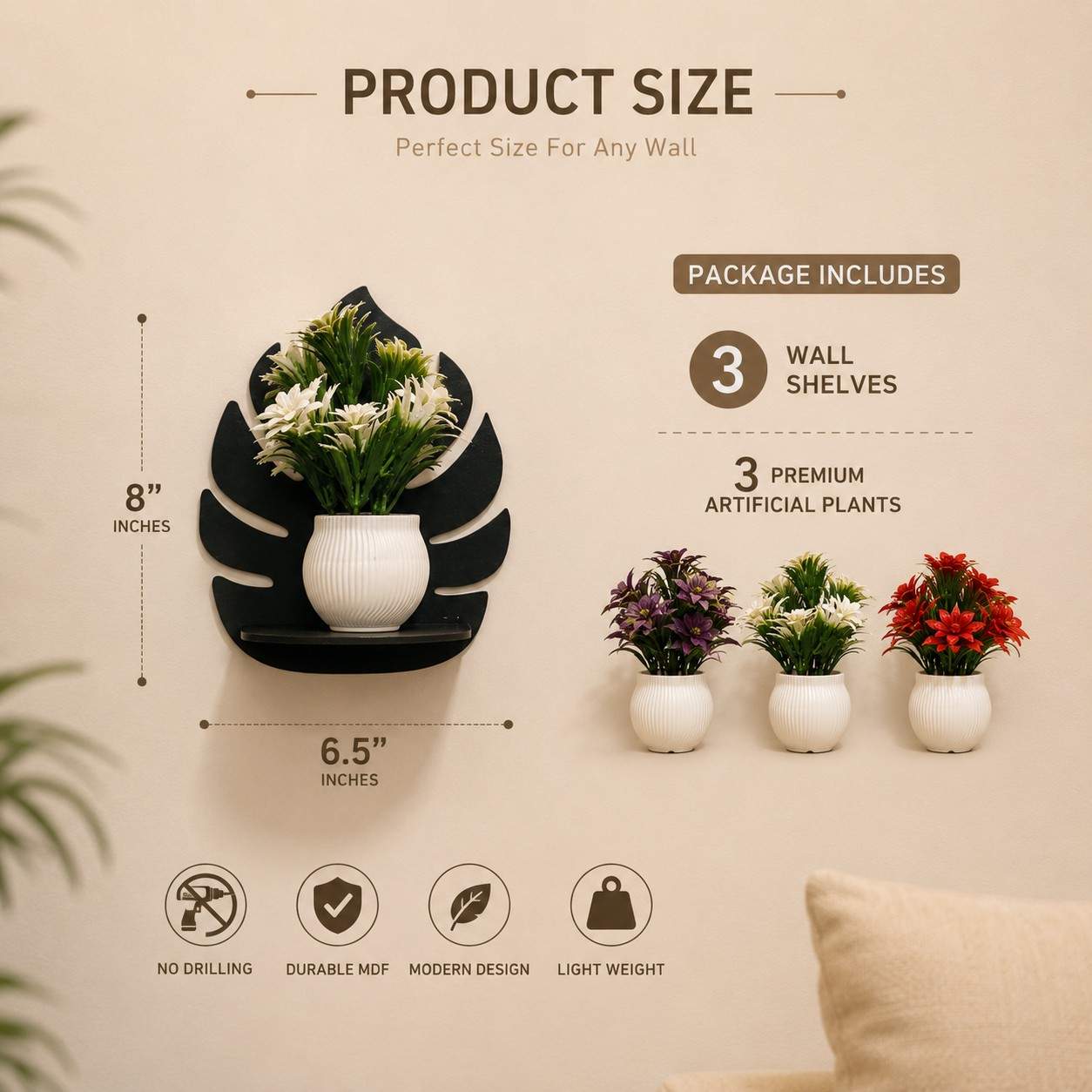 3 MDF Black Wall Shelves with 3 FREE Artificial Plants Wall Decor