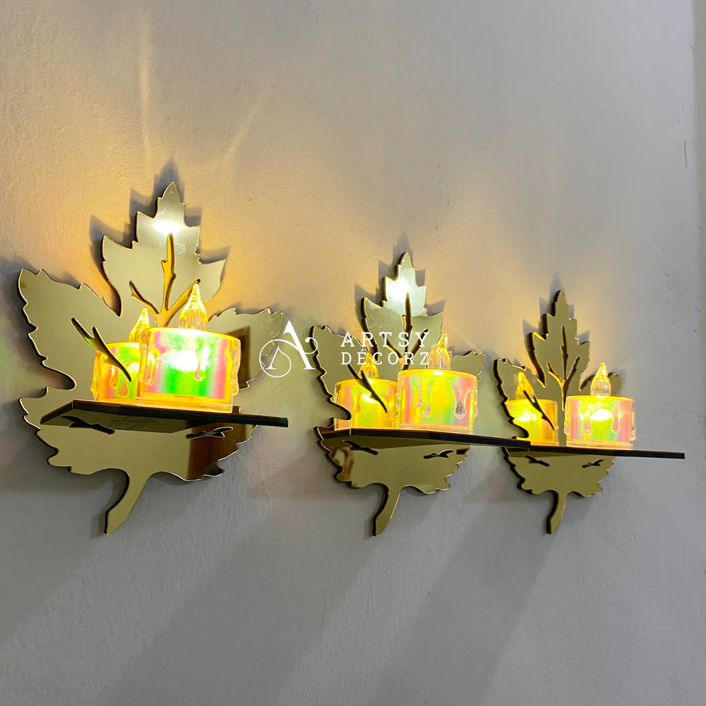 Acrylic Golden Mirror Leaves Shelves + Candles Light Wall Decor