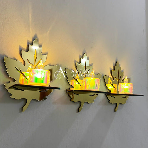 Acrylic Golden Mirror Leaves Shelves + Candles Light Wall Decor