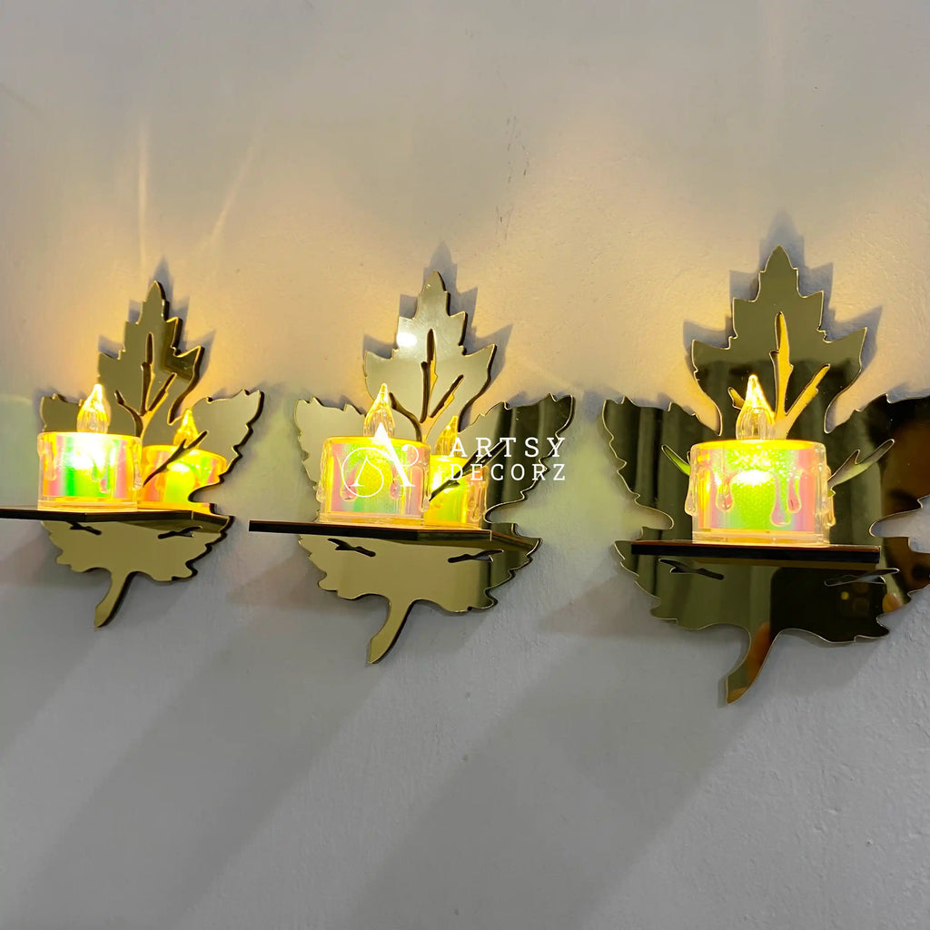Acrylic Golden Mirror Leaves Shelves + Candles Light Wall Decor