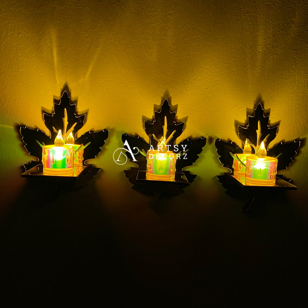 Acrylic Golden Mirror Leaves Shelves + Candles Light Wall Decor